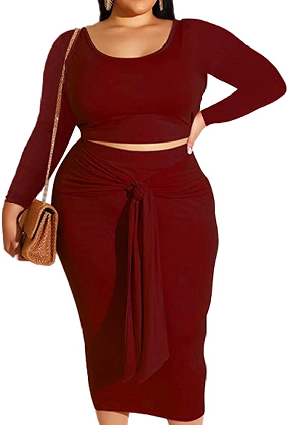 Bodycon Long Sleeve Crop Top + Wine-Red Midi Pencil Skirt