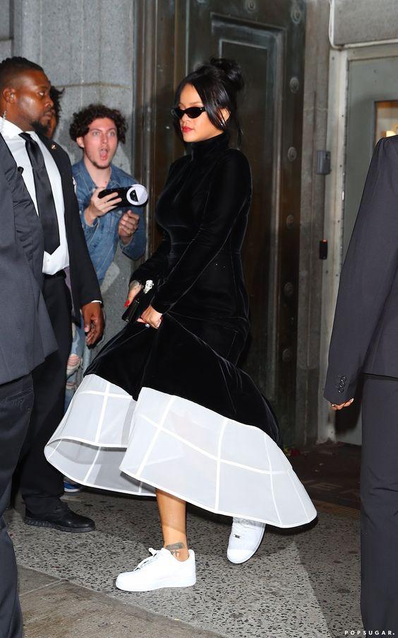 RihannaBlack dress and sneakers_Sneaker Ball Outfit Ideas