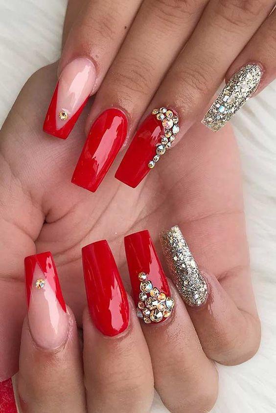 Coffin Red Nails with Diamond
