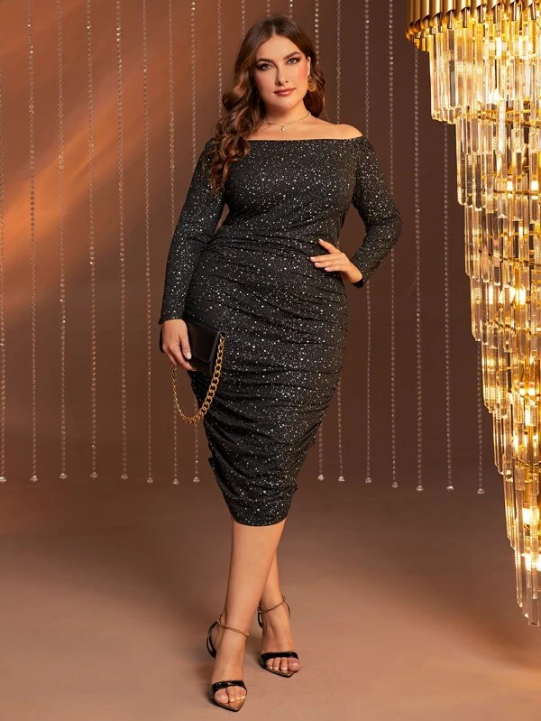 black bodycon off-shoulder dress with visitor_one of the shein Plus size dresses