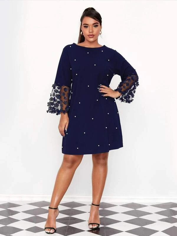 Plus Size Appliques Pearls Beaded Tee Dress