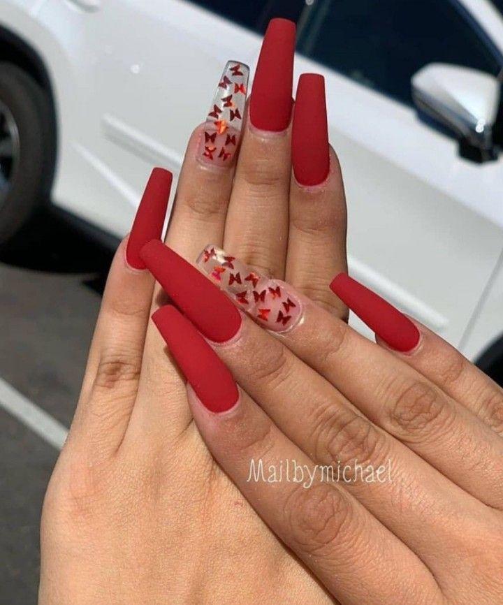 Butterfly Coffin Red Acrylic Nails