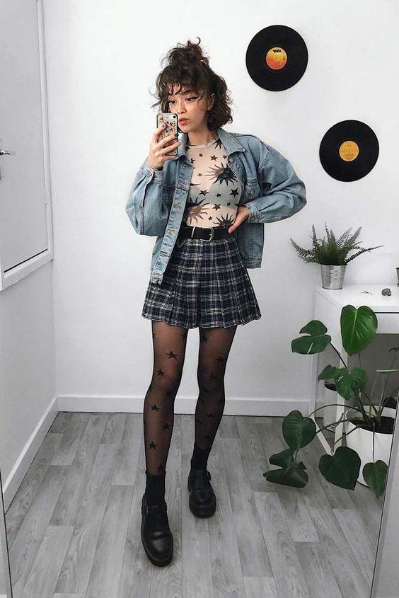 jean top and plaid skirts