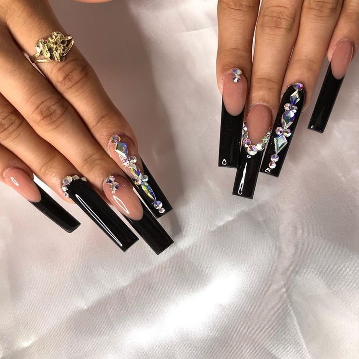 Black French coffin nails with Rhinestones