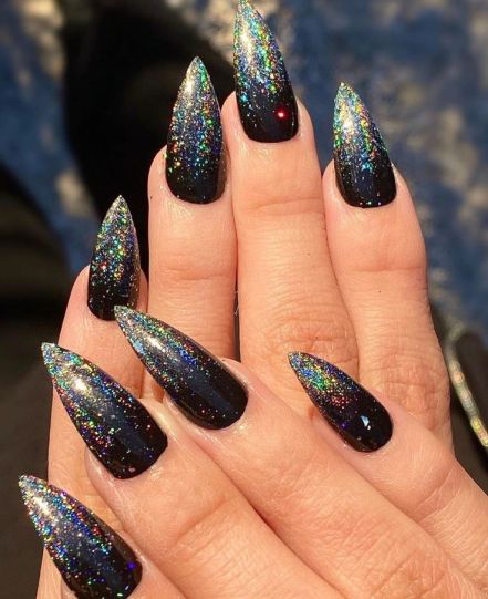 Holographic black stiletto nails