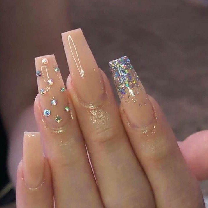 Nude Coffin Nails with Rhinestones 2