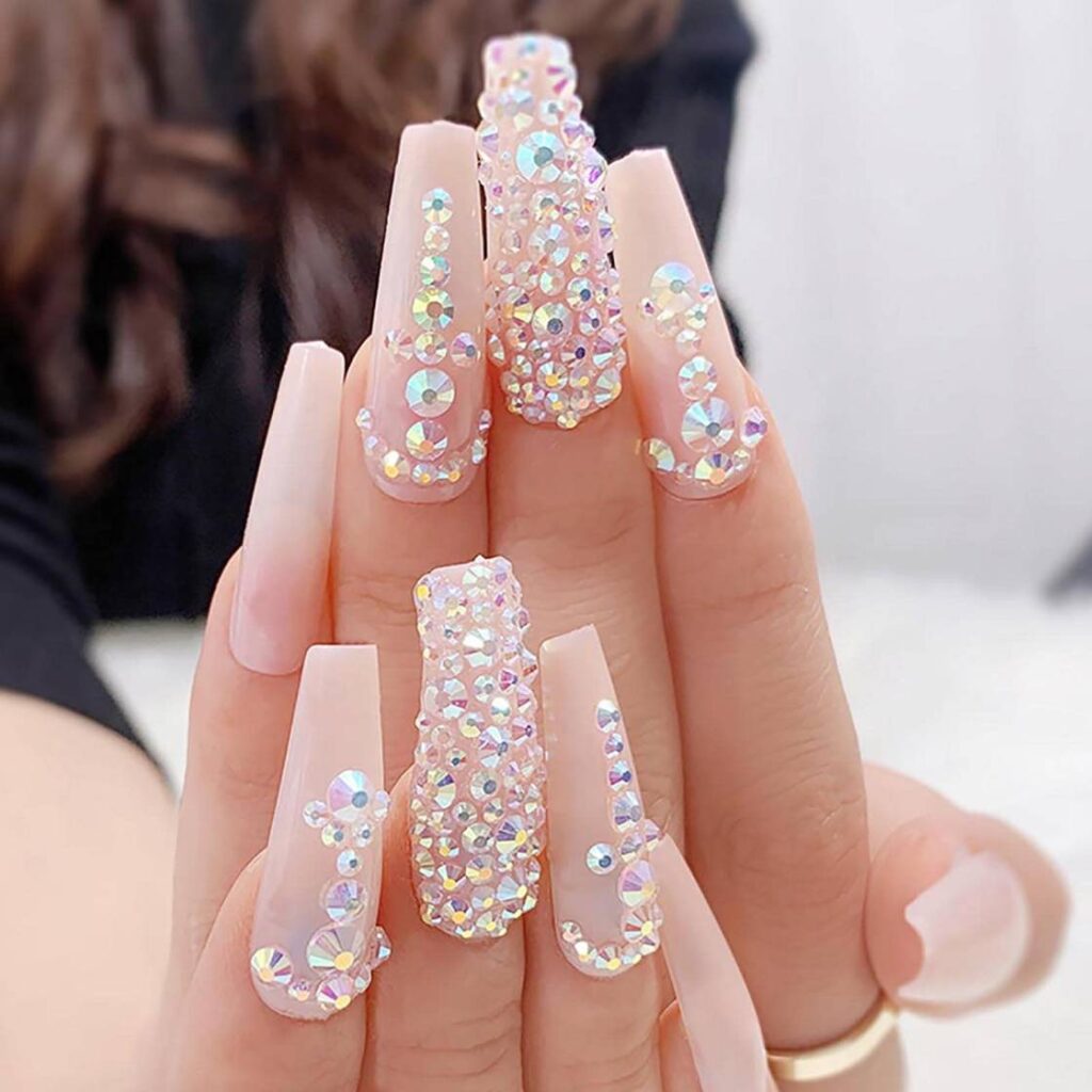 Pink 3D Coffin Nails with rhinestones