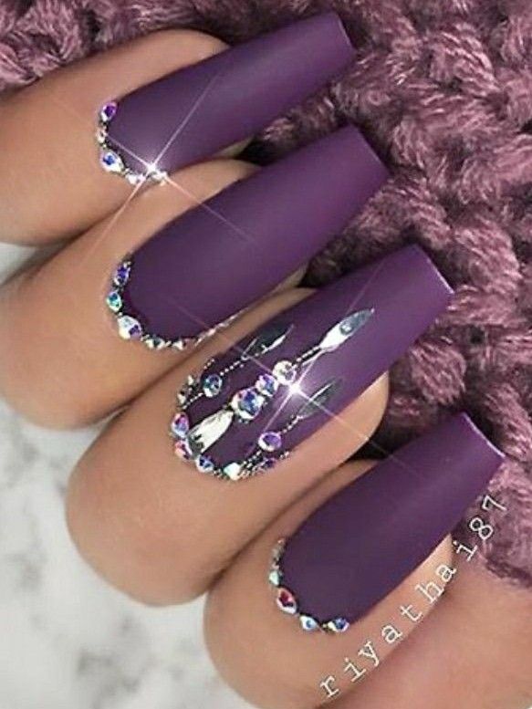 Purple matte nails with rhinestones in a line along the cuticle