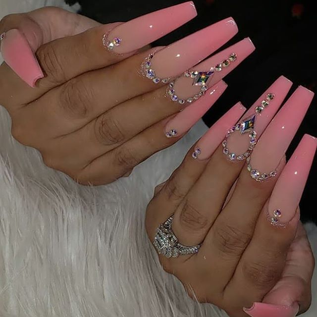 pink baddie simple coffin nails with rhinestones