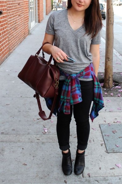 Plaid Shirt Tied At The Waist, High-Waisted Jeans + Ankle Boots