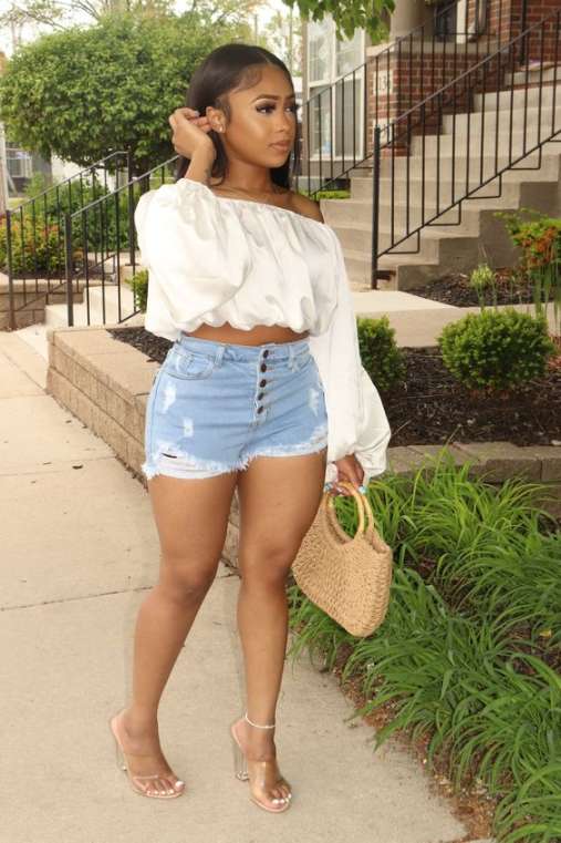 Denim Shorts and cropped blouse + Heels