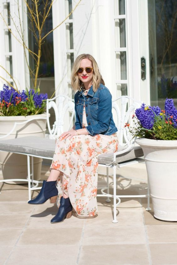 Floral Sundress With A Denim Jacket + Ankle Boots