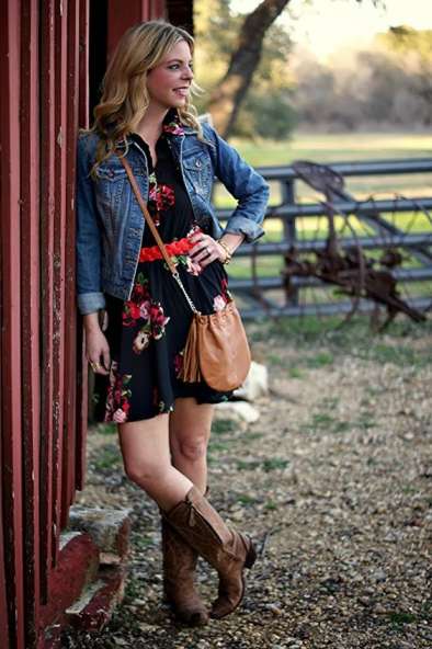 Flowy Maxi Dress With Cowboy Boots And A Denim Jacket