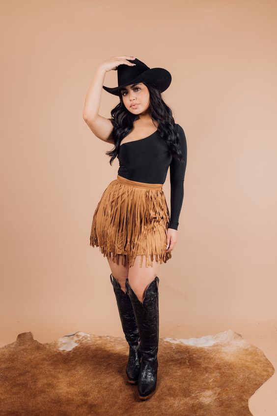 Fringe Suede Skirt, Graphic T-Shirt + Cowgirl Boots